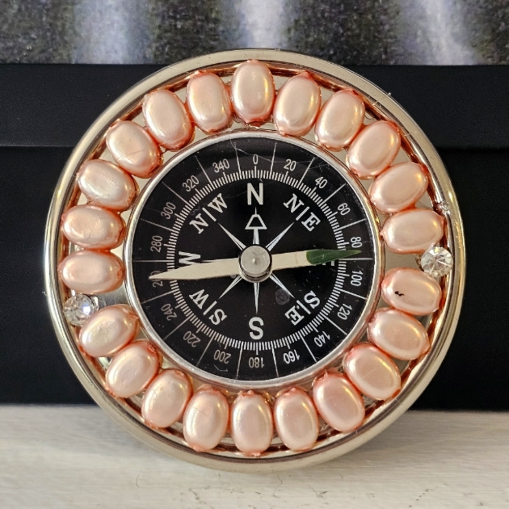 Retro  Jeweled With Pink Stones Cubic Zironcas Handheld Compass With Case